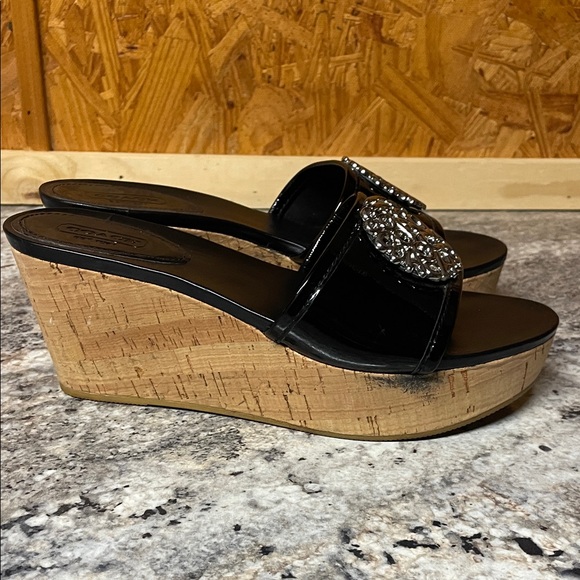 Coach Judith Black Patent Leather Cork Wedge Sandals - Picture 2 of 12